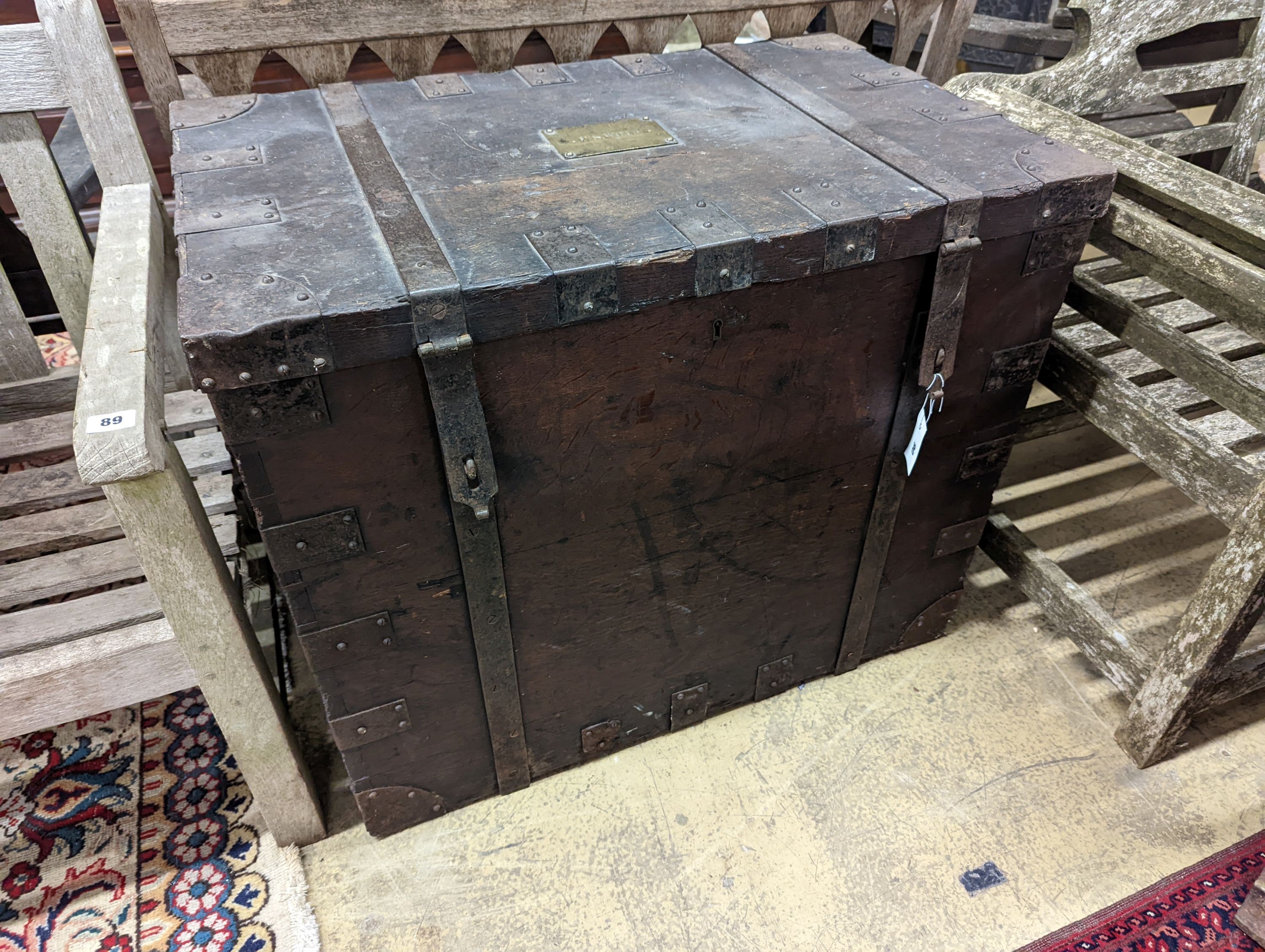 A Victorian oak and ironbound silver chest bears engraved brass plaque E S Wills, length 83cm, depth 53cm, height 69cm